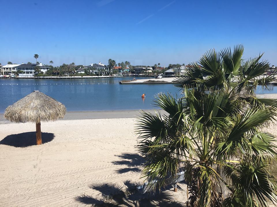 White sand beach and palm trees at Rockport Beach