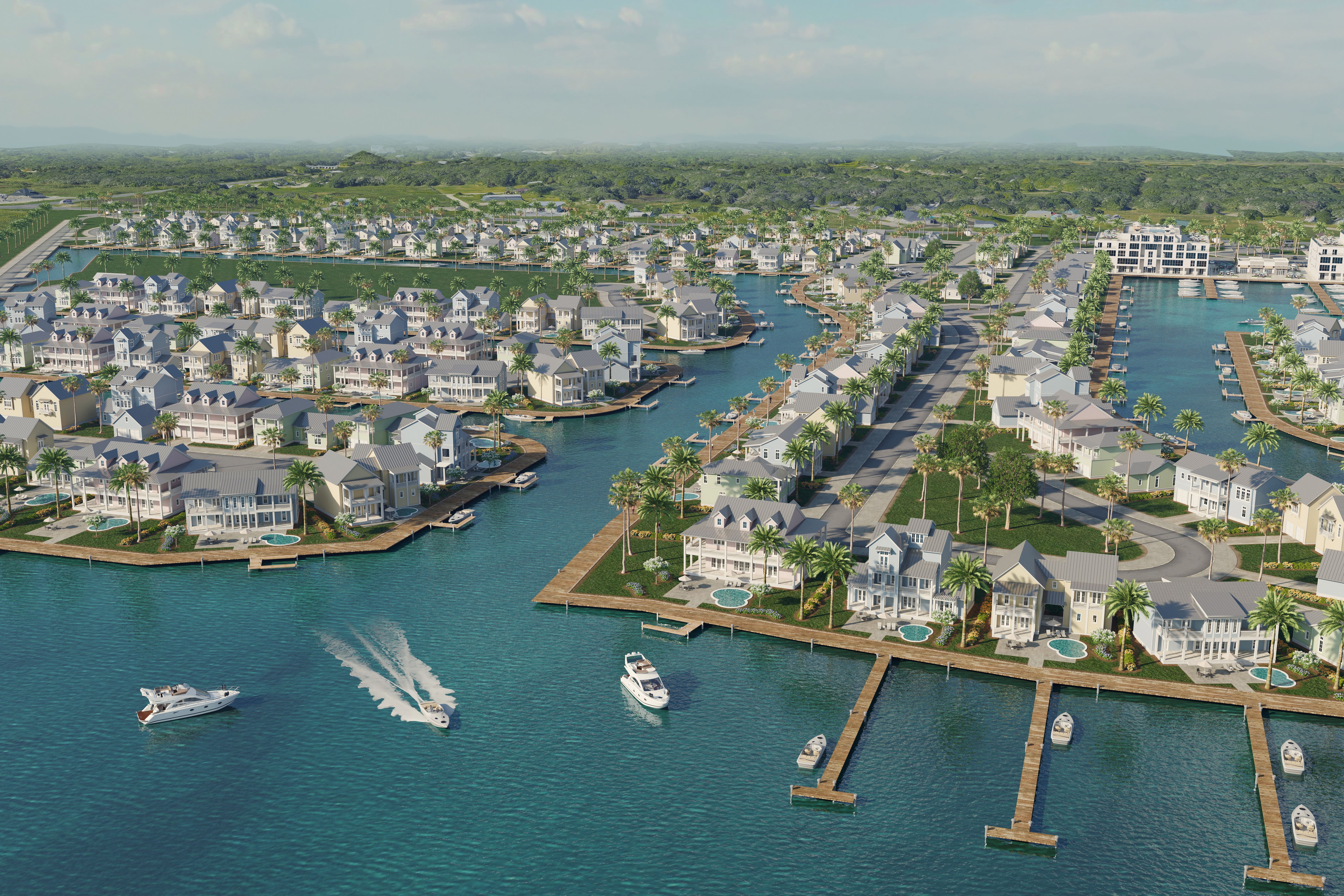 Aerial view of the waterfront homes in Rockport, TX